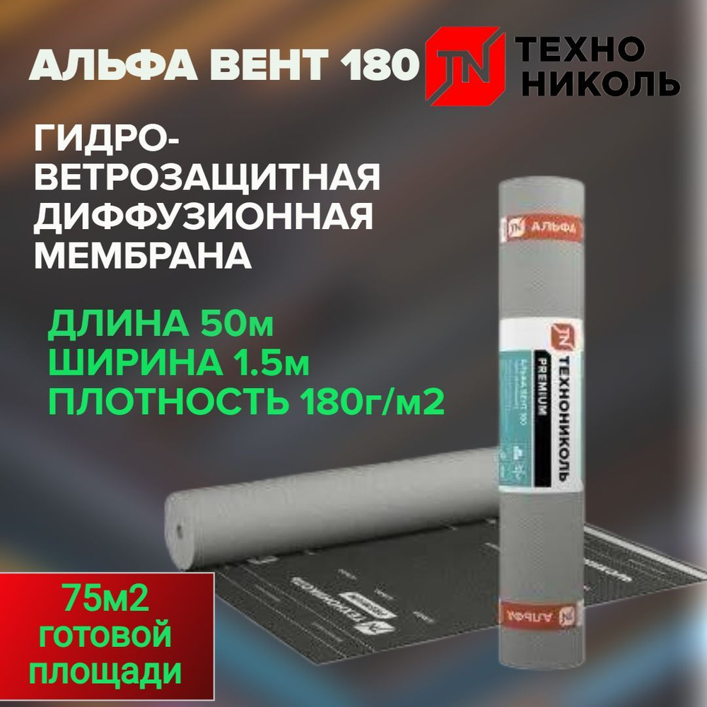 АЛЬФА ВЕНТ 180 Гидро-ветрозащитная диффузионная мембрана ТехноНИКОЛЬ (1.5м*50м)  #1