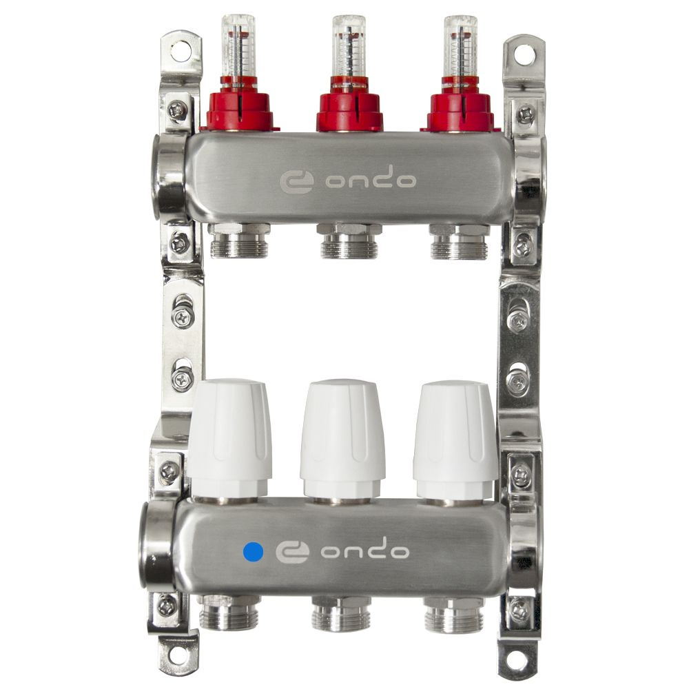 Коллектор для теплого пола 3 контура ONDO нержавеющая сталь в сборе с расходомерами и термостатическими #1