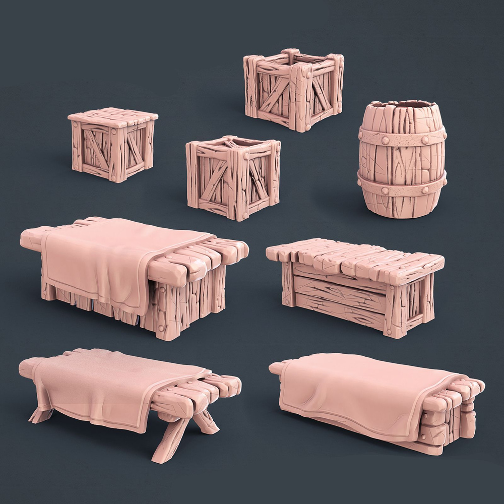 Terrain (Террейн) Benches and Boxes - Лавочки и ящики (8 предметов) (Днд, НРИ, DND, вархаммер, миниатюра, #1