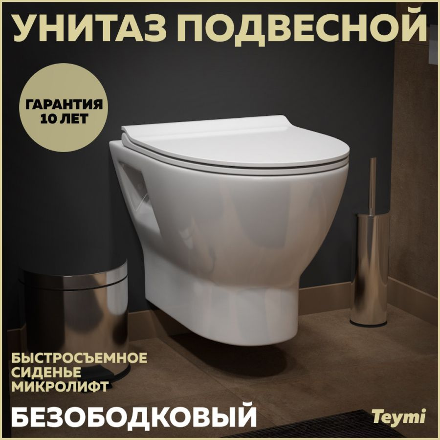 Унитаз подвесной Teymi Ritta безободковый, сиденье микролифт T40809  #1