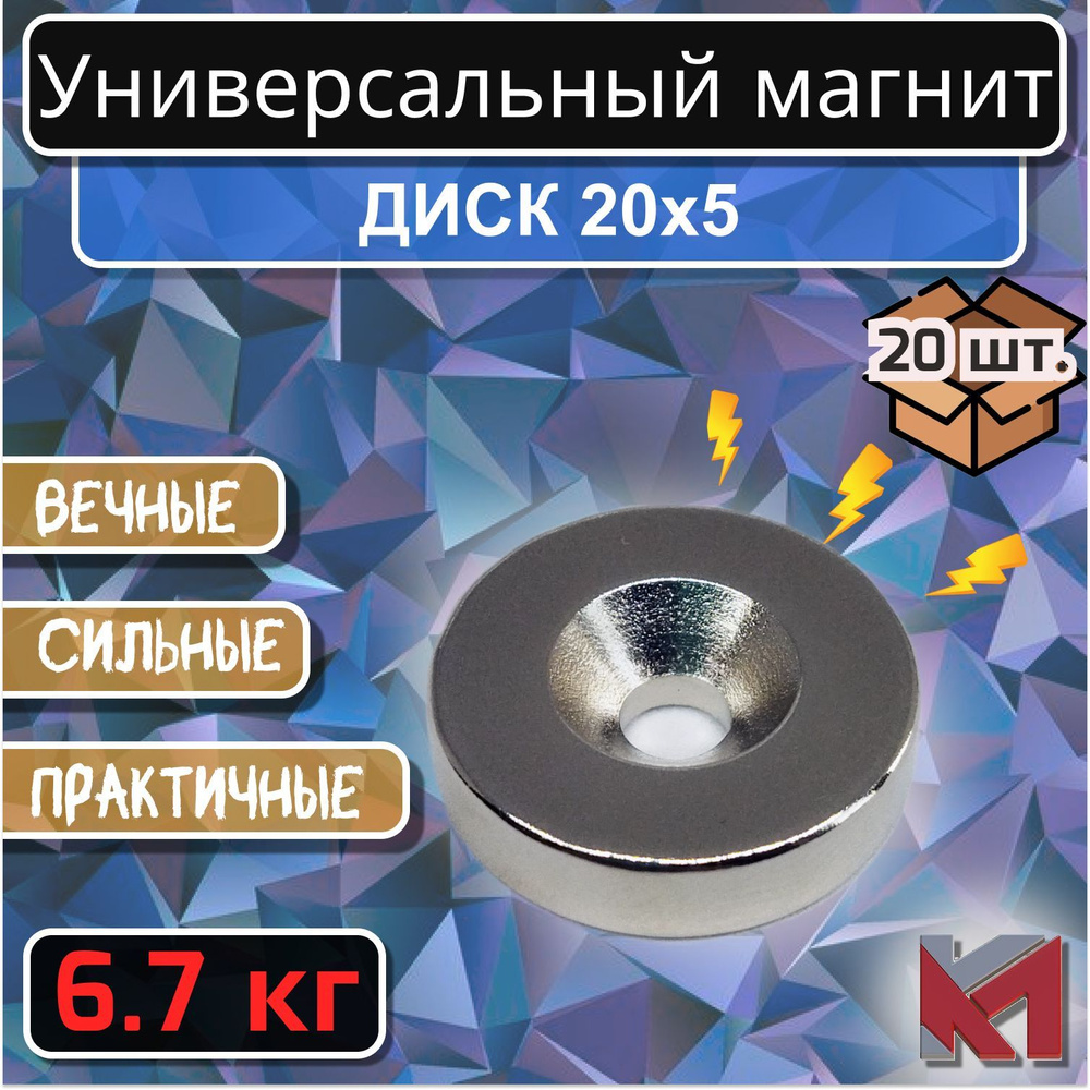 Магнитный диск 20х5 с отверстием (зенковка) 10х4,5 для крепления - 20 шт  #1