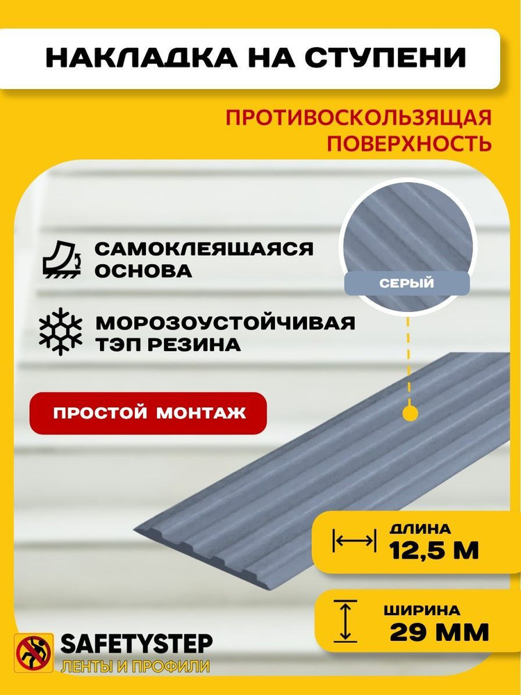 Самоклеящаяся резиновая тактильная полоса против скольжения, 29мм х 3мм, цвет серый, длина 12,5м  #1