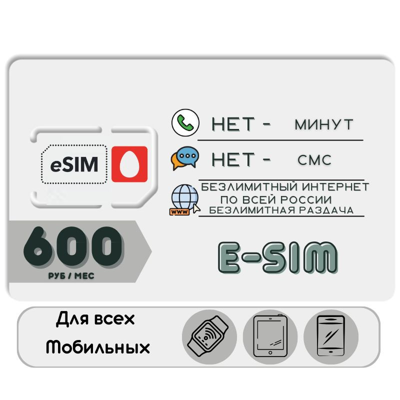 SIM-карта Сим карта ESIM Безлимитный интернет 600 руб. гб в месяц + РАЗДАЧА для мобильных устройств YSOSM1 #1