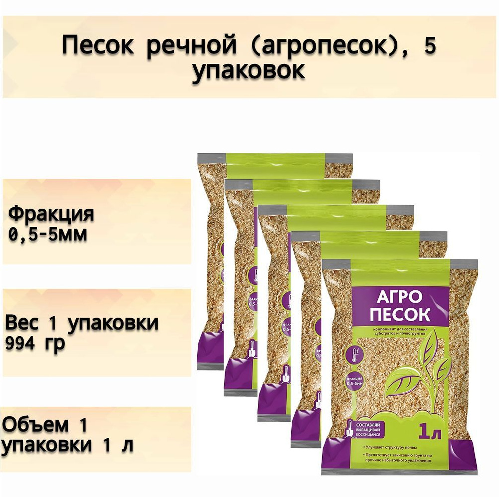 Песок речной (агропесок) 5x1 л для составления субстратов. Улучшает структуру грунта, препятствует закисанию #1