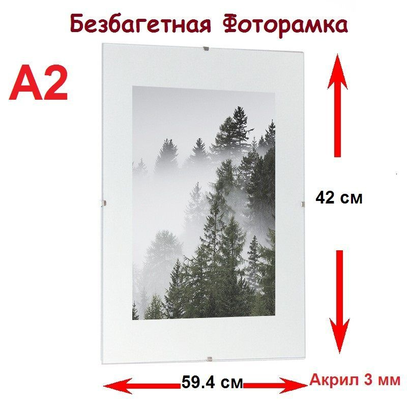 РУРАМ Фоторамка "Безбагетная рамка Клип А2 (42х59.4) акриловое стекло 3 мм", 1 фото  #1