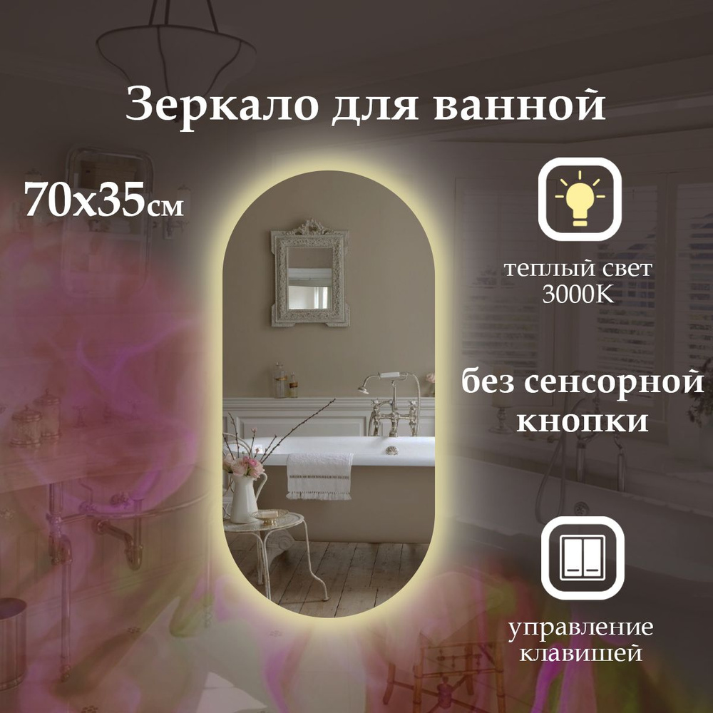 MariposaMirrors Зеркало для ванной "без сенсора с теплым светом 3000к и контурной подсветкой", 35 см #1