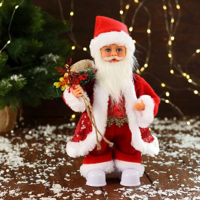 Дед Мороз "В узорном жилете, с подарками" двигается, с подсветкой, 28 см, красный  #1
