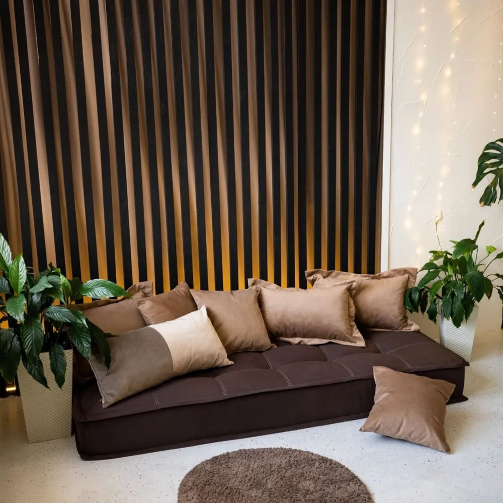 Диван кровать MIELLA Lora 1 Big 80х200 см., коричневый велюр, в комплекте 6 подушек карамельного цвета, #1