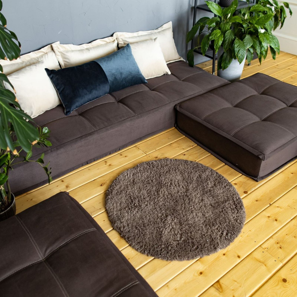 Диван угловой MIELLA Lora Short 280х80х23 см, велюр коричневый, подушки бежевые в комплекте 6 шт, диван #1