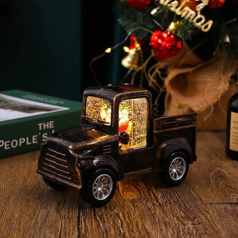 Новогоднее украшение светильник фонарь с подсветкой и снегом "Дед Мороз в автомобиле везет подарки"  #1