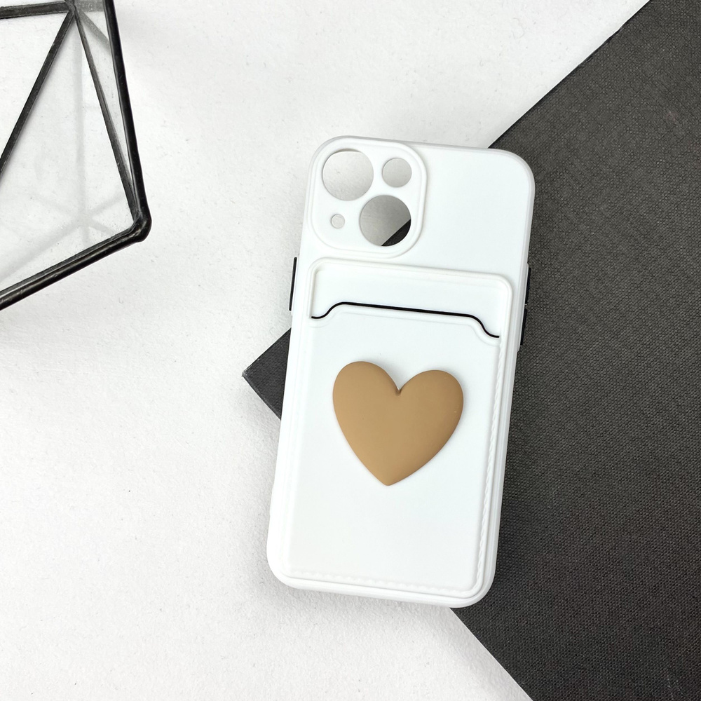 Чехол для iPhone 13 mini белый с сердцемдержателем для карт и Soft-touch  #1