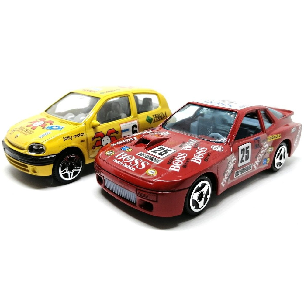 Renault Clio желтый и Porsche 924 набор из 2-х машинок Bburago 1/43 коллекционных металлических масштабных #1