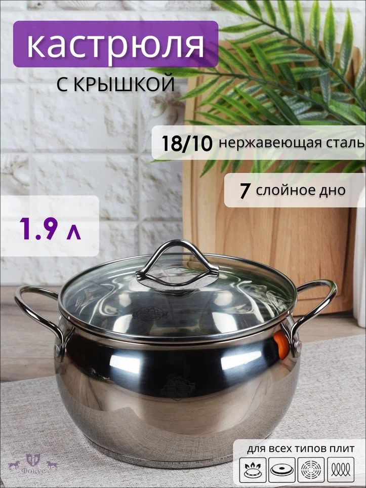 Кастрюля из нержавеющей стали 1,9 л, со стеклянной крышкой  #1