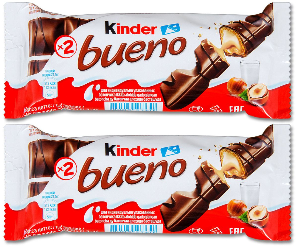 Киндер Буэно вафельный батончик Kinder Bueno молочно-ореховый, 43 г, 2 шт.  #1