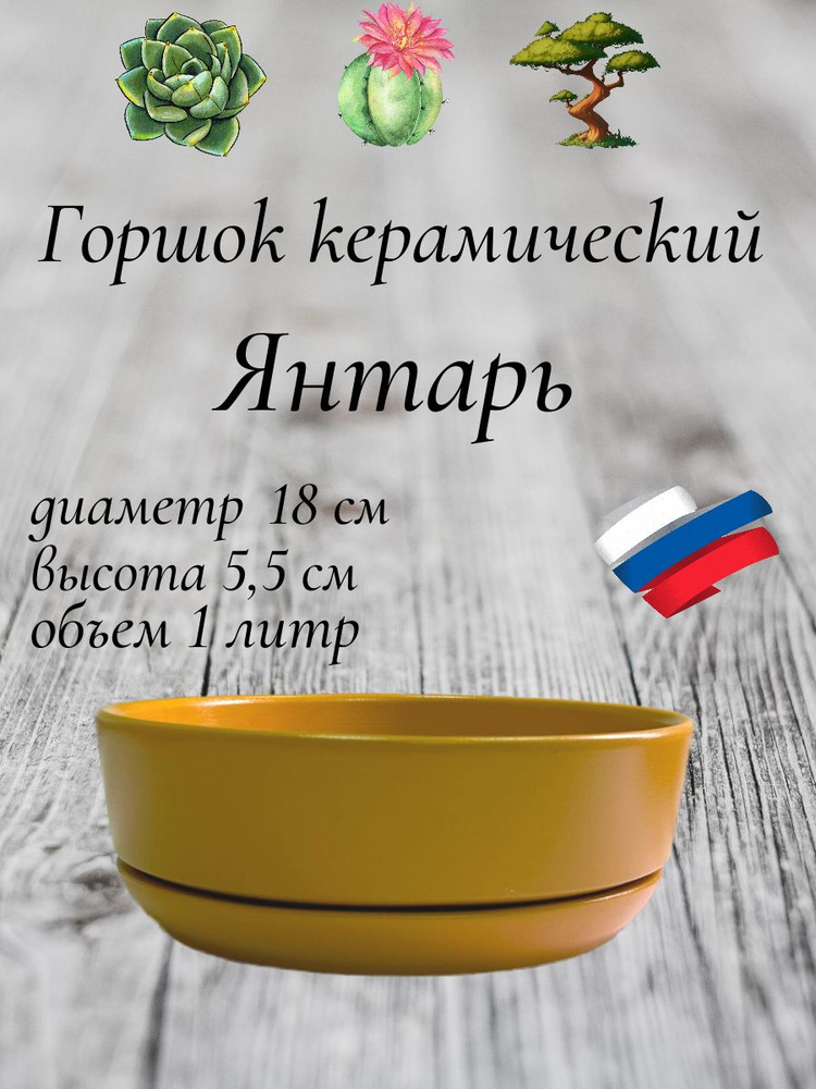 Керамический горшок "Афина Янтарь" для бонсай, кактусов и суккулентов, диаметр 18 см, высота 5,5 см  #1