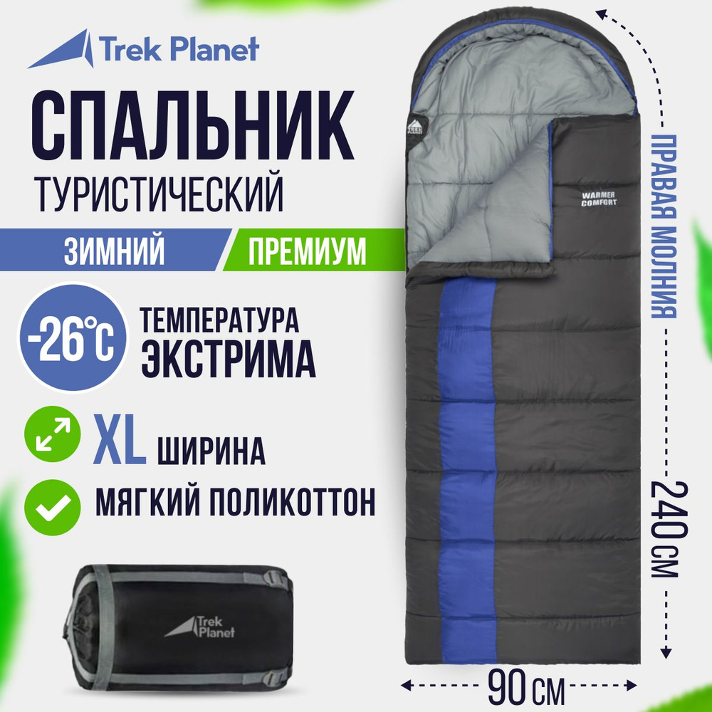 Спальник туристический/Спальный мешок TREK PLANET Warmer Comfort, зимний,  правая молния, цвет: серый, синий, размер 240х90 см - купить с доставкой по  выгодным ценам в интернет-магазине OZON (231249709)