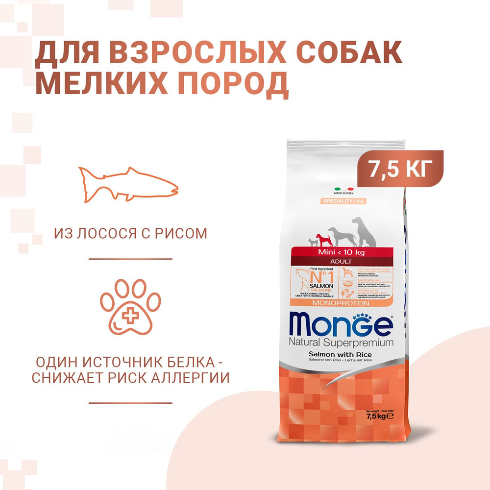 Сухой корм Monge Dog Monoprotein Mini из лосося с рисом для взрослых собак мелких пород 7,5кг  #1