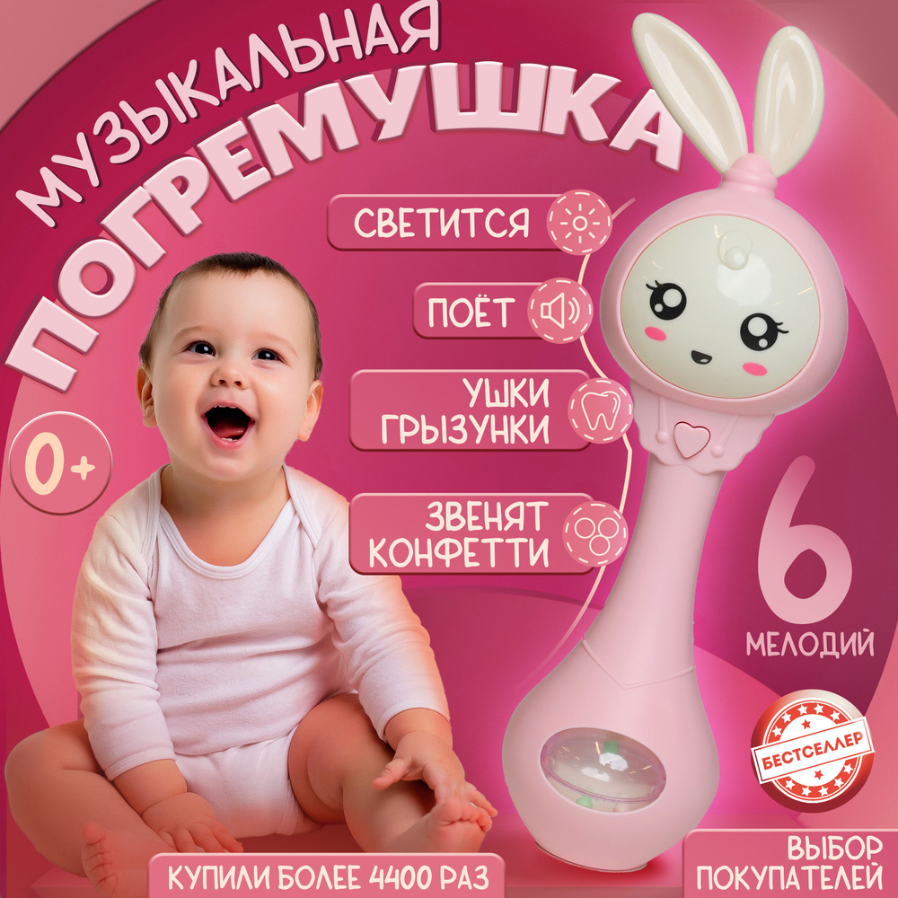 Музыкальная игрушка Умный малыш, цвет розовый / Силиконовый грызунок прорезыватель для зубов / Интерактивная #1