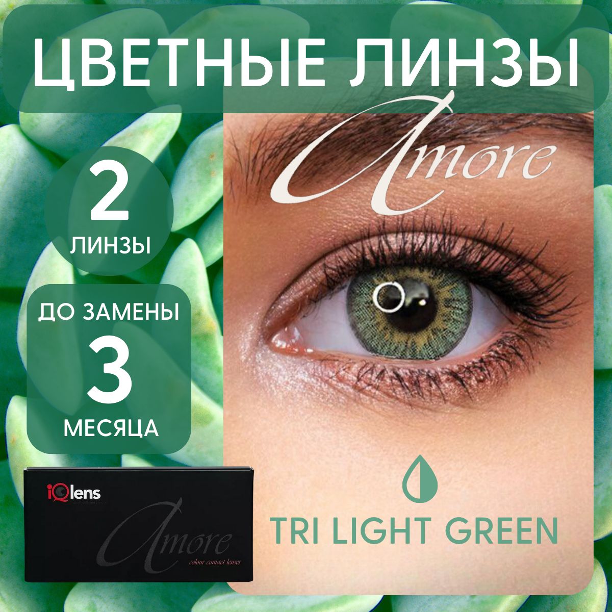 ЦветныеконтактныелинзыAmoreColourcontactlensesКвартальные-3.00/14.0/8.6,светло-зеленыеtri-lightgreen,2шт.