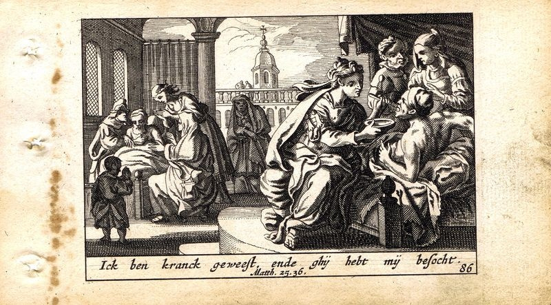 Антикварная резцовая гравюра, офорт. Новый Завет. Был болен, и вы посетили Меня... Нидерланды, 1659 год #1