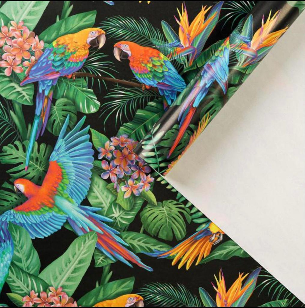 Упаковочная бумага для подарков Тропические птицы 70х100см 1лист/ глянцевая подарочная бумага  #1