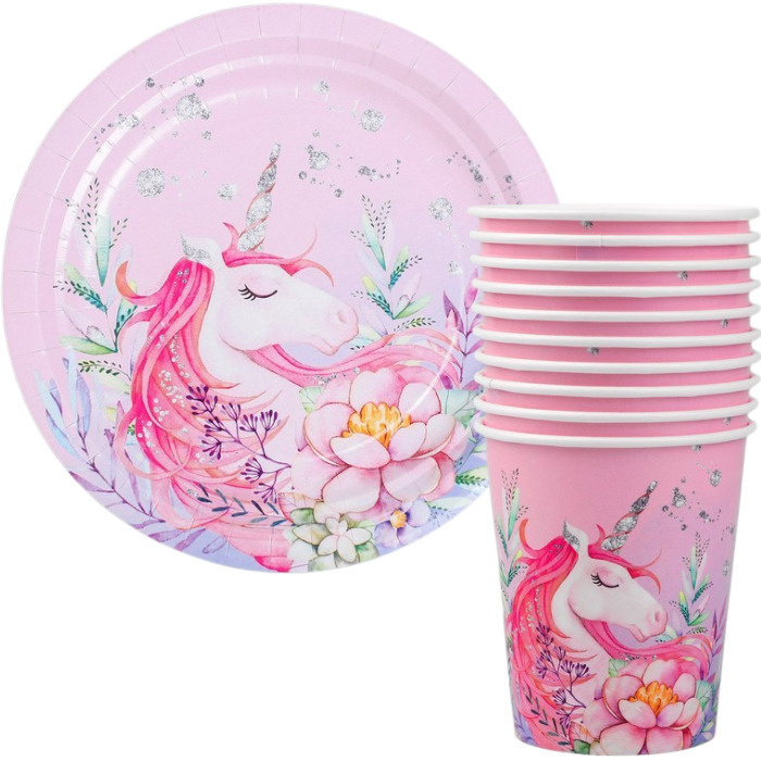 Одноразовая посуда для праздника на 10 персон "Единорог", розовая, 20 предметов (10 тарелок 18 см, 10 #1
