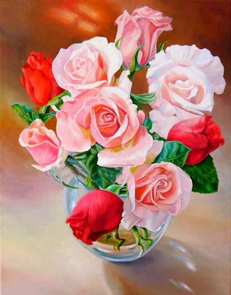 Картина по номерам на холсте 40х50 40 x 50 на подрамнике "Прозрачная ваза с нежным букетом роз" DVEKARTINKI #1