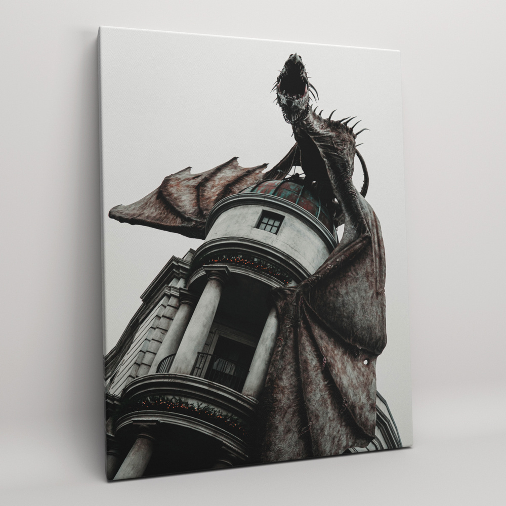 Картина на холсте (интерьерный постер) "Дракон на Банке Гринготтс - Гарри Поттер" , с деревянным подрамником, #1