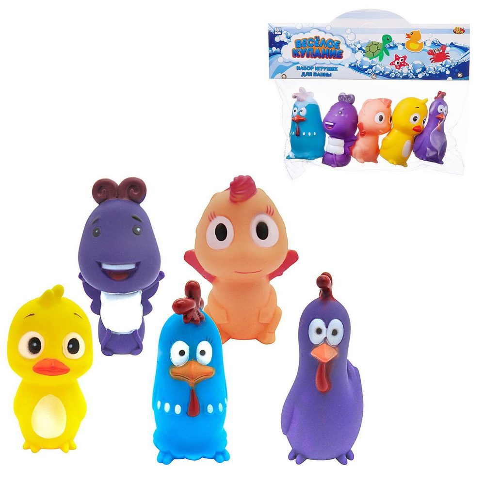 Набор резиновых игрушек для ванной Abtoys Веселое купание 5 предметов (утенок, петушок голубой, петушок #1