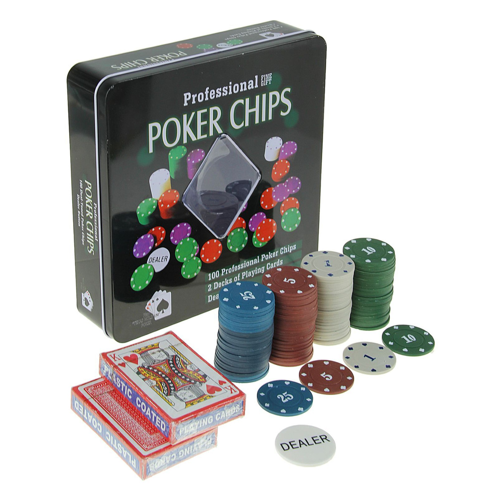 Покер, набор для игры карты 2 колоды, фишки с номиналом 100 шт, 20*20 см  #1