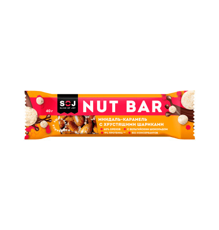 Батончик ореховый SOJ Nut Bar миндаль-карамель с ирисо-сливочным вкусом, с хрустящими шариками, 40 г #1