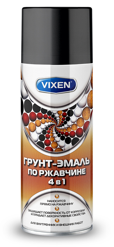 Грунт-эмаль по ржавчине 4 в 1, VIXEN черный янтарь (RAL 9005), аэрозоль 520 мл VX-519005  #1