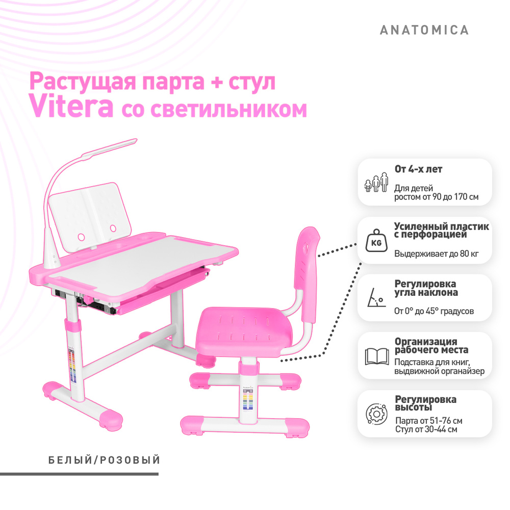 Комплект парта + стул + выдвижной ящик + подставка + светильник Anatomica Vitera белый/розовый  #1