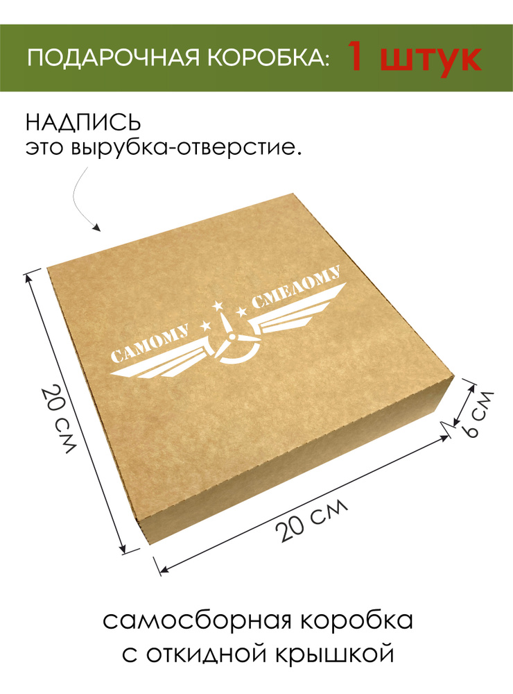 Коробка с откидной крышкой 20*20*6 см- 1 шт " Самому Смелому - Самолет - 23 февраля " Праздничная Подарочная #1