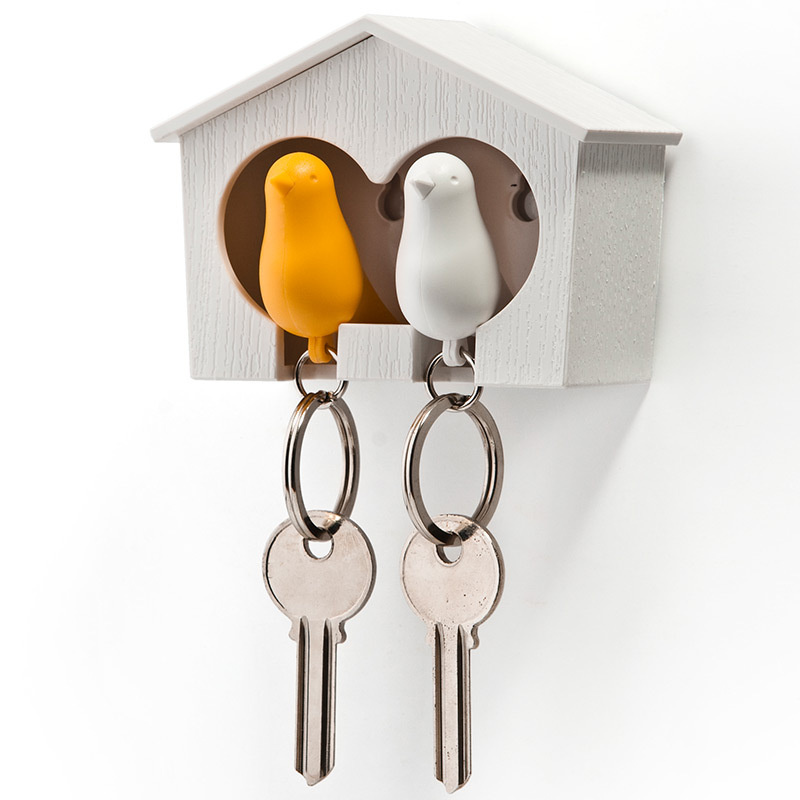 Держатель для ключей Duo Sparrow, ключница настенная с птичками на 2 ключа со свистком, белый/желтый #1
