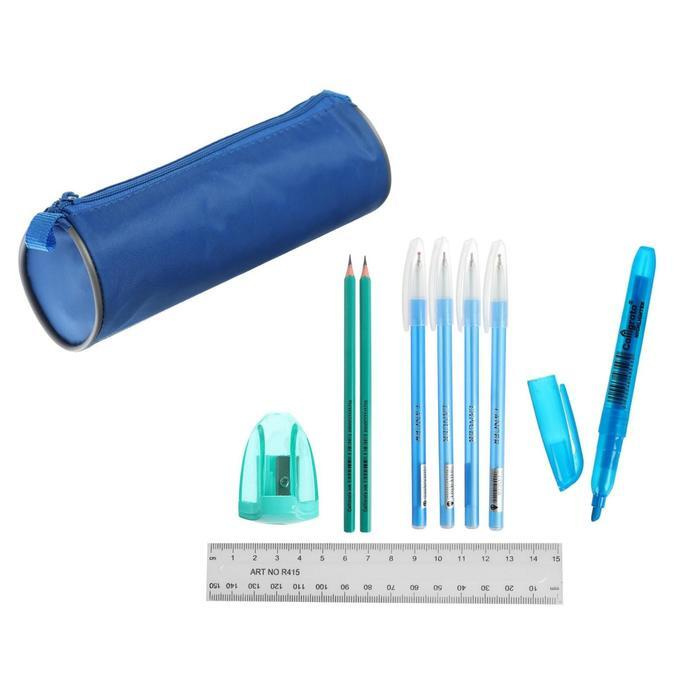 Набор канцелярский 10 предметов (Пенал-тубус 65 х 210 мм, ручки 4 штуки цвет синий , линейка 15 см, точилка, #1