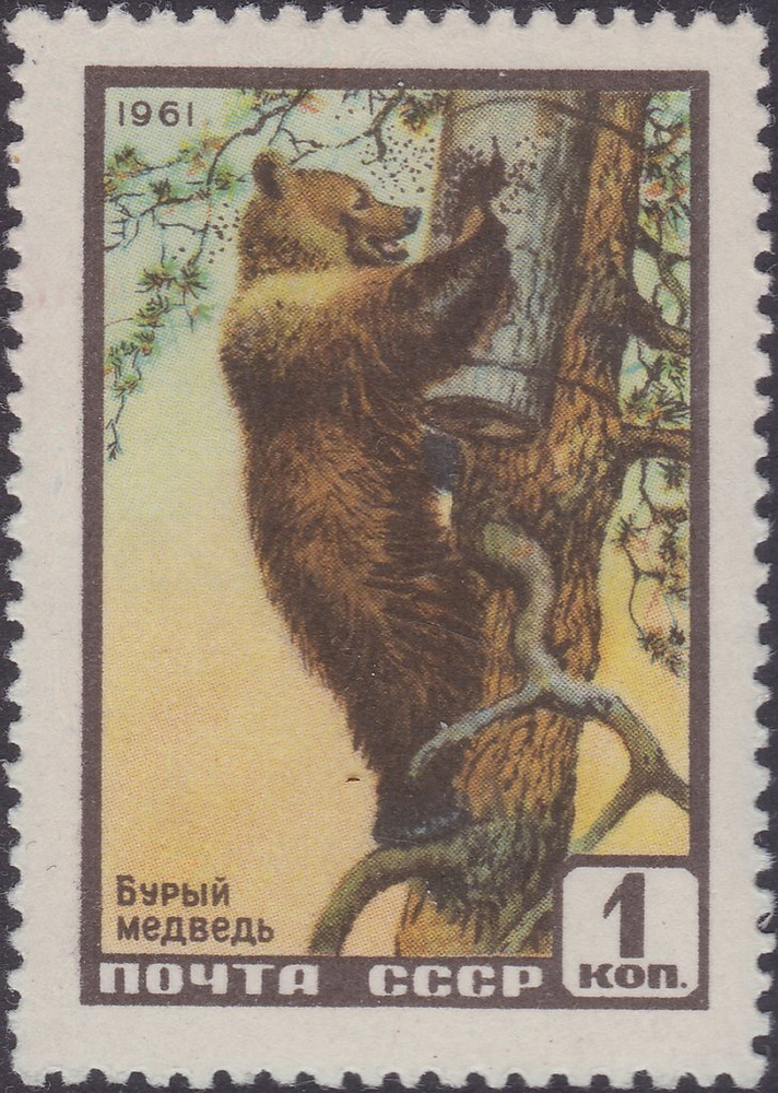 (1961-019) Марка СССР "Бурый медведь" Фауна СССР II #1
