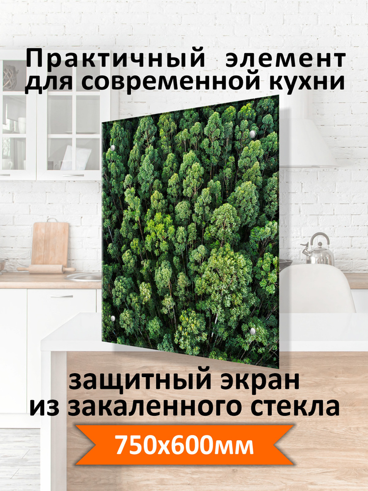 Защитный экран от брызг на плиту 750х600х4мм. Стеновая панель для кухни из закаленного стекла. Фартук #1