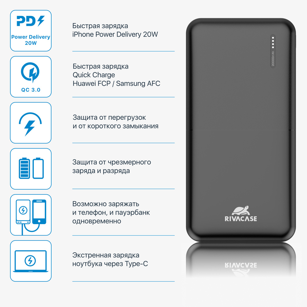 Повербанк 20000 mAh RIVACASE VA2572 с быстрой зарядкой (PD/QC), черный  #1