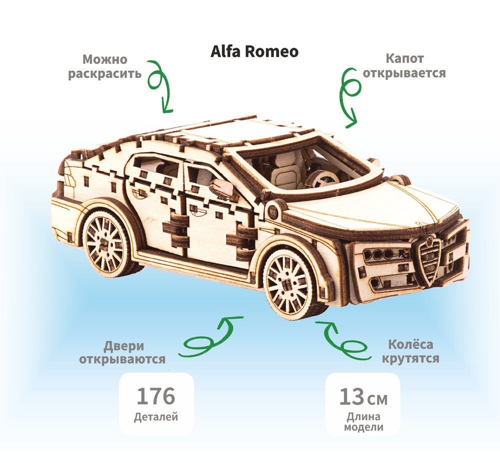 Деревянный конструктор сборная модель 3D машина Alfa Romeo, 13х6.5х5 см, 176 дет.  #1