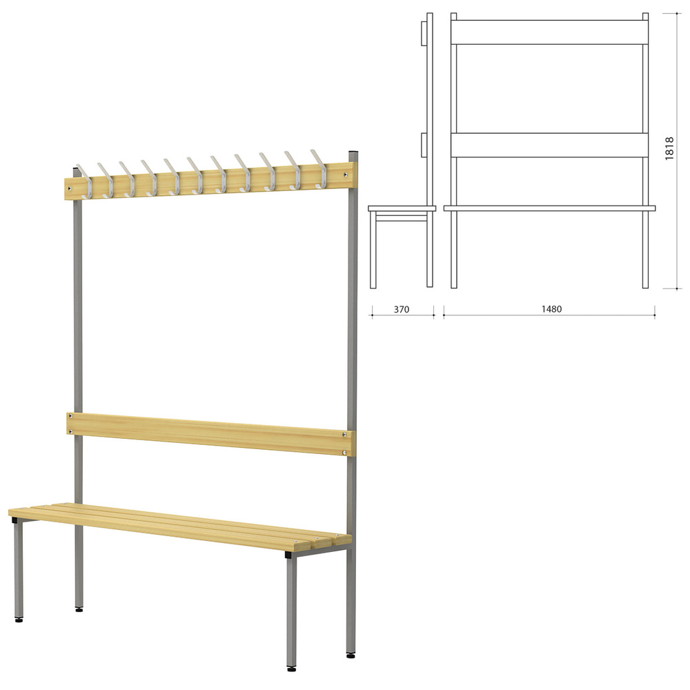 Скамья с вешалкой, спинкой П-091Д/1,5 (1818х1480х370 мм), 11 крючков, дерево, металлокаркас, 1ед. в комплекте #1