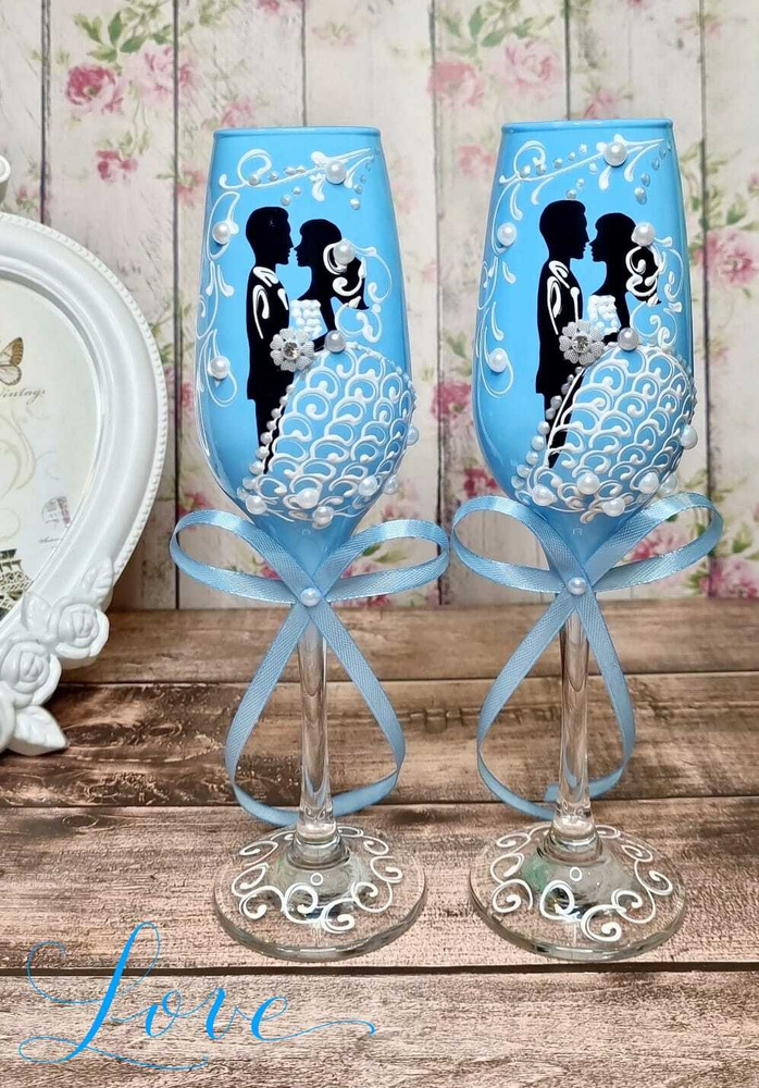 Свадебные бокалы "Нежность"в голубом цвете с силуэтами молодоженов/ фужеры для шампанского/бокалы молодоженов/бокалы #1