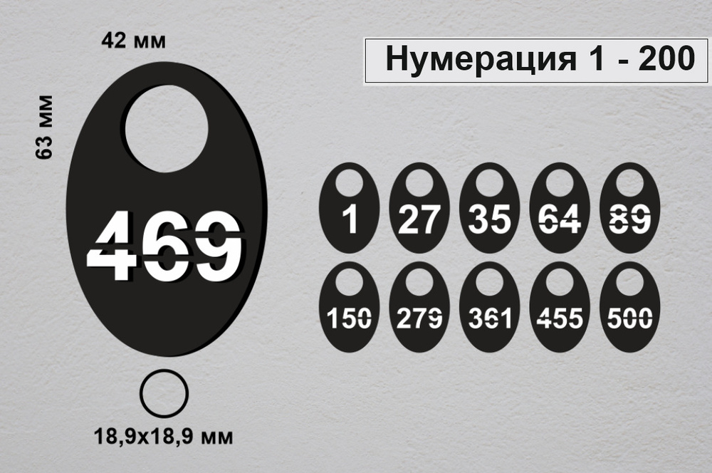 Номерки гардеробные от 1 до 200 / Форма "яйцо" акрил 3 черный  #1