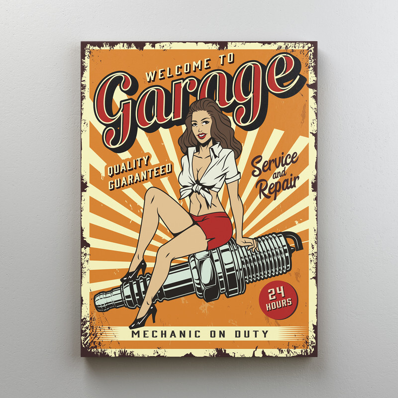Интерьерная картина на холсте "Винтажный постер - гараж и девушка в стиле пин-ап" размер 75x100 см  #1