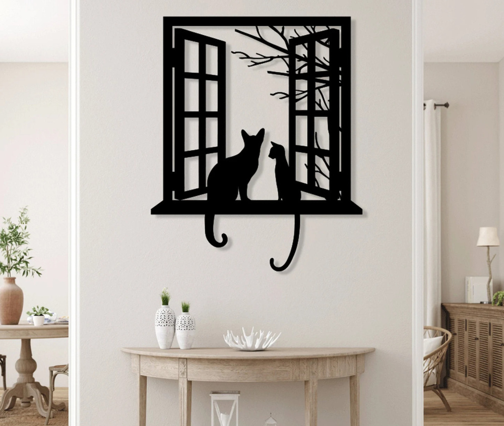 Панно 50х50 см "Коты и Окно" декоративное настенное чёрное, декор на стену, картина  #1