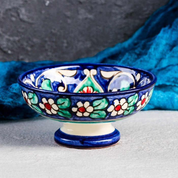 Конфетница Риштанская Керамика "Цветы", 12 см, синяя #1
