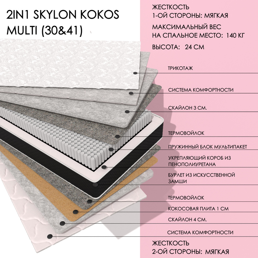 XMATRAS Матрас SkylonKokosMULTI(30&41), Независимые пружины, 105х200 см #1