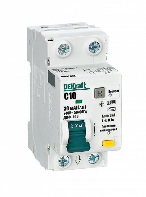 Выключатель автоматический дифференциального тока 2п (1P+N) C 10А 30мА тип AC 4.5кА ДИФ-103 DEKraft 16051DEK #1