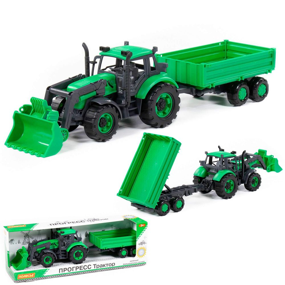 Трактор игрушечный Прогресс с бортовым прицепом и ковшом инерционный зеленый (в коробке) 91826  #1