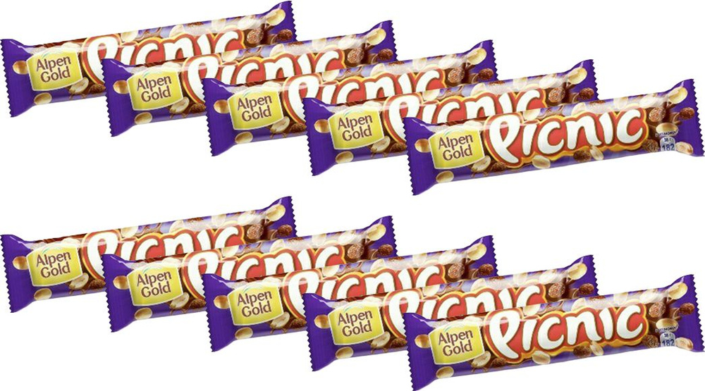 Батончик Picnic шоколадный с арахисом-изюмом-карамелью, комплект: 10 упаковок по 38 г  #1